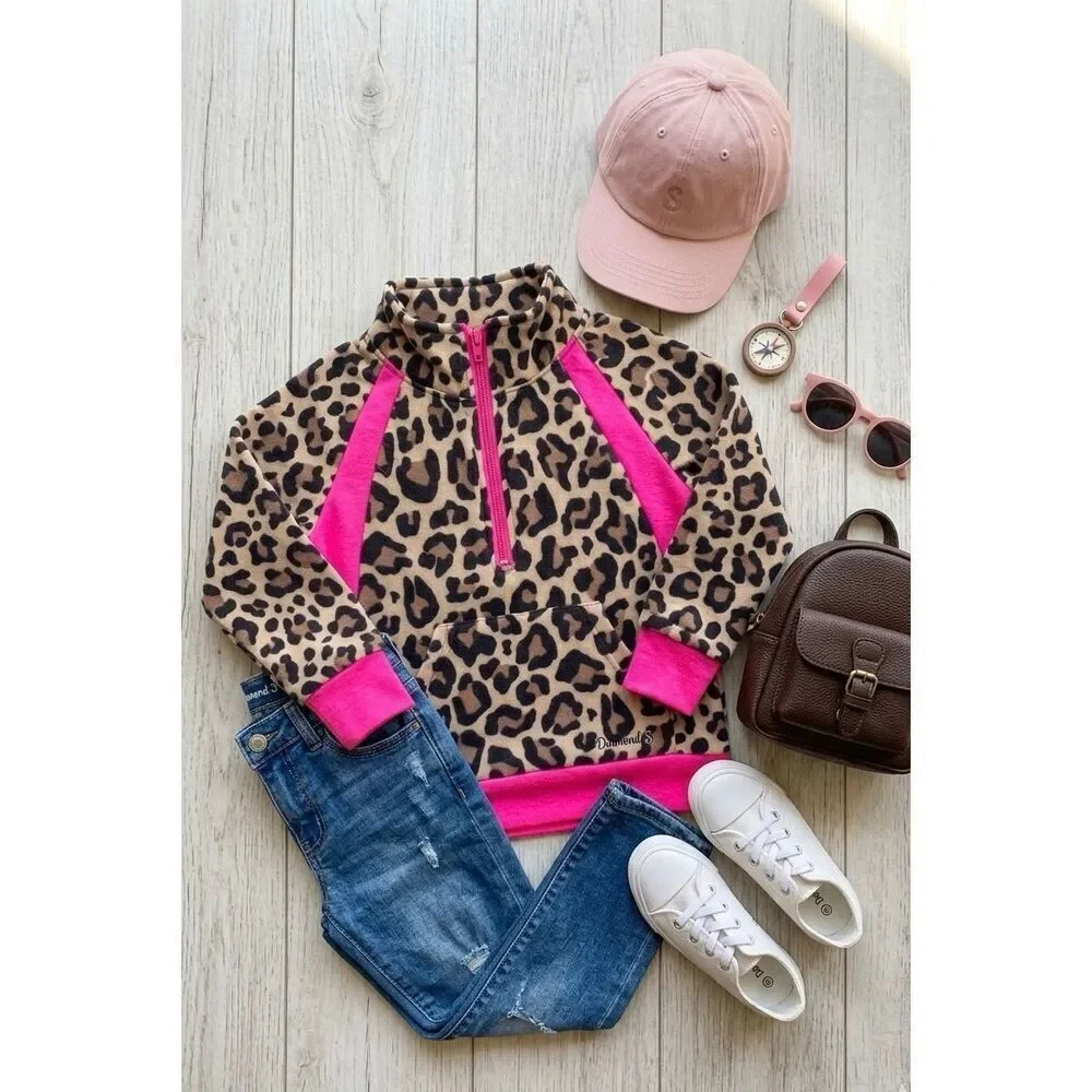 Girls Western Leopard Print Fleece Pullover Pink Trim 1/4 Zip Hoodie Casual New